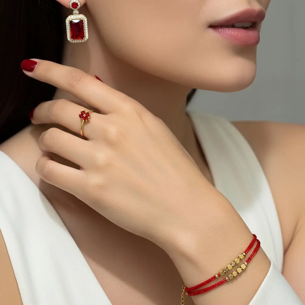 Gelang Tali Merah 2 Layer Dadu, Cincin Bunga Merah Adjust dan Anting Tusuk Batu Merah Wanita Bahan Titanium Koyara Jewelry