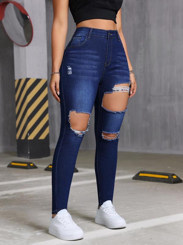 Women's Plain Ripped Pocket Jeans, Fashion Casual Denim Pants for Daily Outdoor Wear, Ladies Bottoms for Summer 3