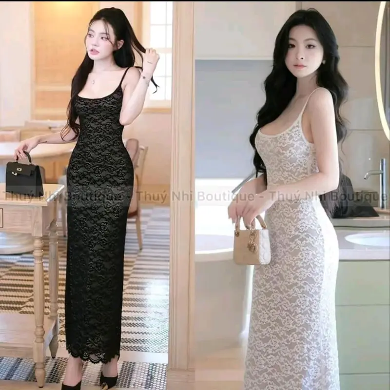Váy ren nhung mịn 2 dây dáng dài , 2 lớp lót xịn nd 5
