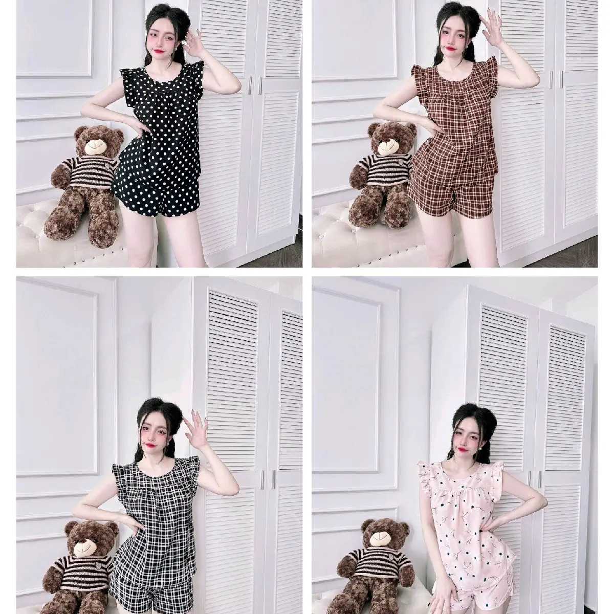 [38-90kg] Đồ Bộ Nữ Mặc Nhà RôSy Ngắn Cánh Tiên Vải Lụa Hàn Mềm Mát,Không Nhăn,Họa tiết Cá Caro In Nơ