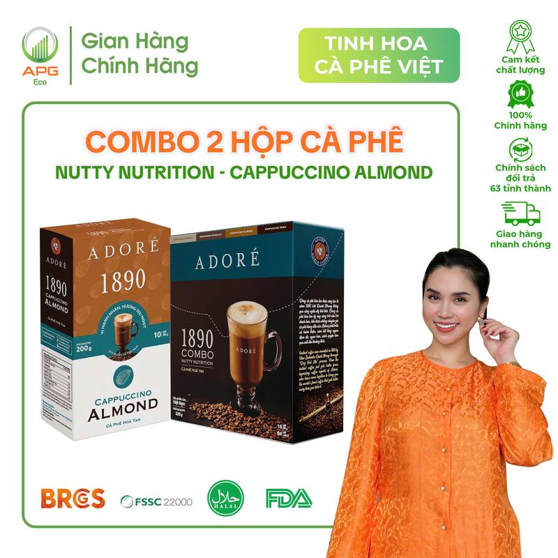 Combo 2 Hộp Cà Phê Hoà Tan - Cappuccino Nutty Nutrition (Mix 4 vị) và Cappuccino Almond (Vị Hạnh nhân) ADORÉ 1890