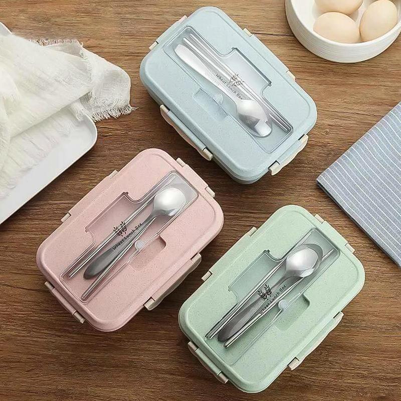 Hộp Đựng Cơm Chia 3 Ngăn Lúa Mạch Giữ Nhiệt Tặng Kèm Đũa Thìa