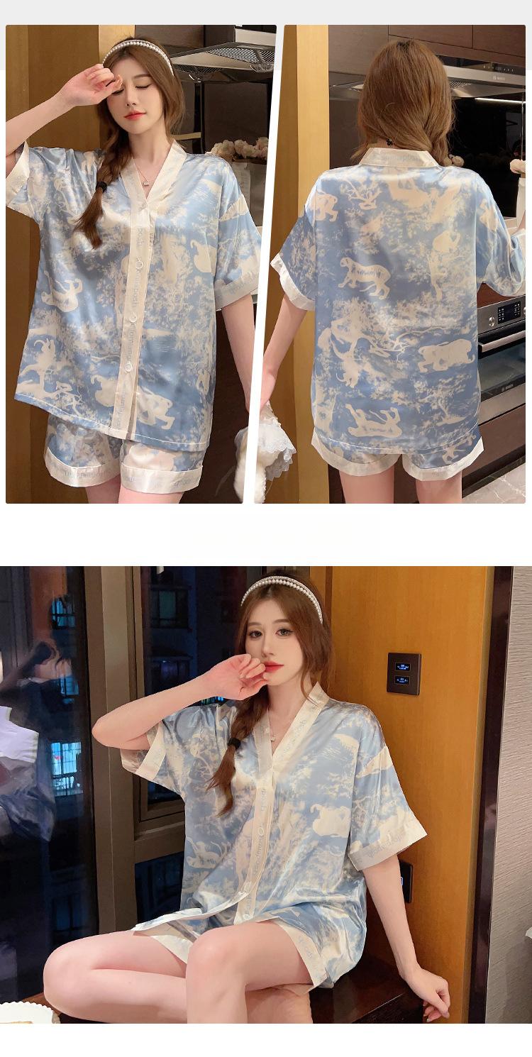 Product Introduction of Ink Painting Ins Style Summer Women's Light Luxury Short Sleeve Loose High-end Feel Wearable Ice Silk Pajamas Loungewear Set 1
