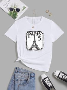 Game2024, ImprinTee Women's Stamp Print Round Neck Tee, Casual Eiffel Tower Graphic Short Sleeve T-Shirt, Ladies Summer Outfit