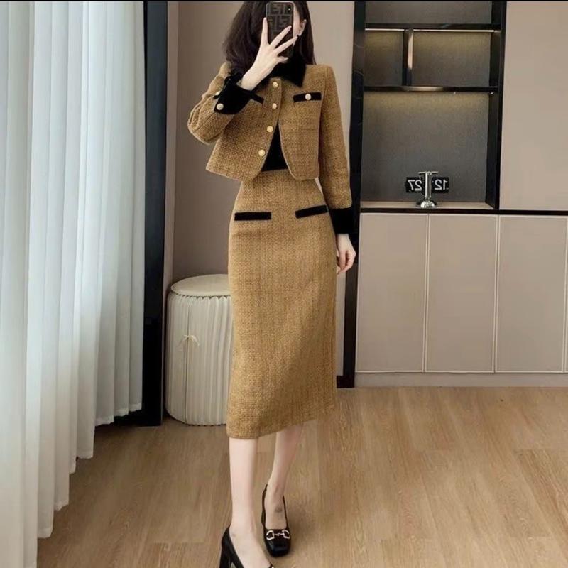 Sét áo Chân váy dạ áo dạ Tweed áo Khoác dạ Cổ Tàu dáng ngắn tiểu thư áo cardigan dạ dày dặn Màu Ánh Vàng C8011 áo dạ Nữ Women setáoống quầnsuông đồ tingoan Top váy trễvai Jacket