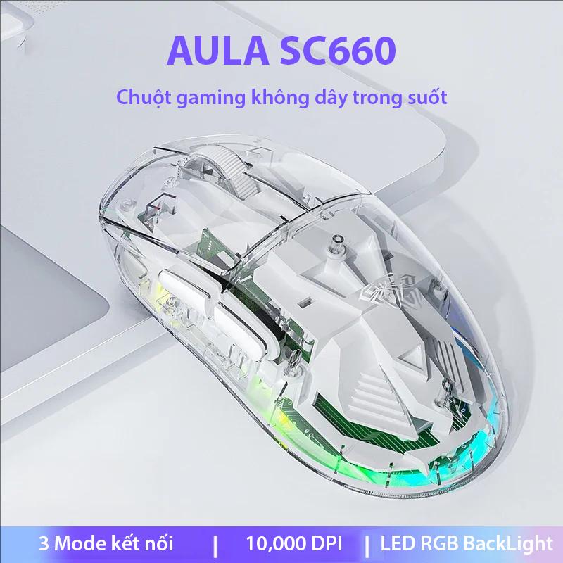 AULA Chuột gaming trong suốt AULA SC660 - Vỏ trong suốt và LED RGB đẹp mắt - 3 Mode kết nối - DPI Max 10,000 - Tùy chỉnh macro - BH 12 Tháng
