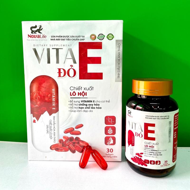 - VITA E ĐỎ Hoa anh thảo, giúp da sáng hồng mịn màng cắng bóng , hỗ trợ chống oxi hoá ,hạn chế da lão hoá. Cải thiện da khô nhăn ,nám sạm tăng sắc tố, đốm nâu nám sạm không đều màu, 1 hộp 30V dùng được 1 tháng. 3