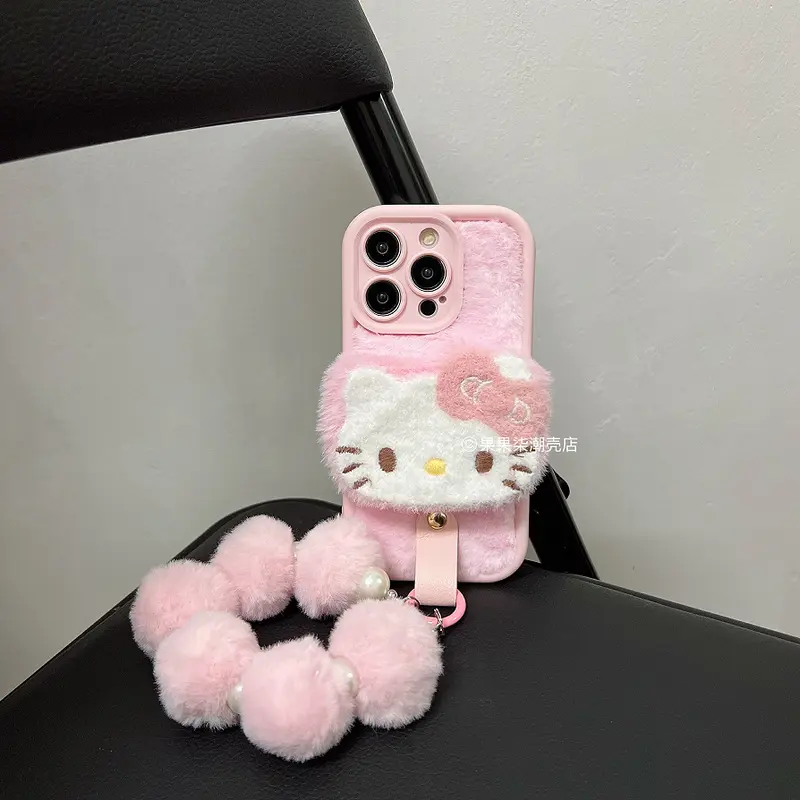 Ốp Điện Thoại Apple 16, Thiết Kế Kitty Mặt To Nhồi Bông Màu Hồng, Có Dây Đeo Buộc, Dây Đeo Tay Iphone15promax, Thích Hợp Cho 14 / 13 Và 12 Nữ 0