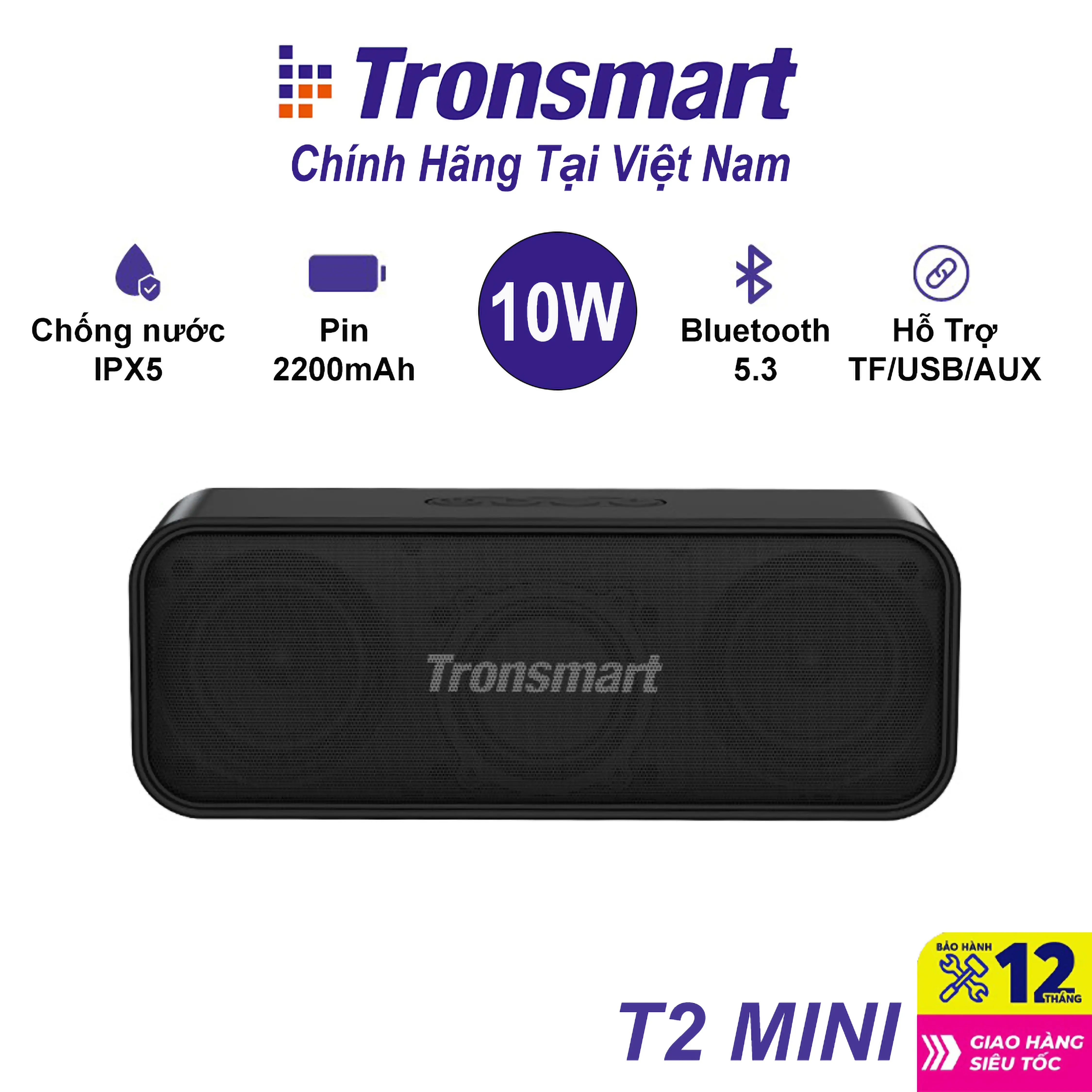 Loa Bluetooth 5.3 Tronsmart T2 Mini Công Suất 10W, Chống Nước IPX7, Pin 2200mAh Nghe Nhạc 18 Giờ - Bảo hành 12 tháng loa bluetooth  đèn sóng nước Củ Loa