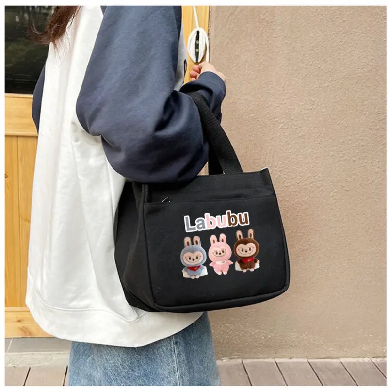 Túi mini đa năng đựng cơm,đựng mỹ phẩm sức chứa lớn vải Canvas phong cách Nhật Bản hoạ tiết Labubu Bag Hoa HAT131 5