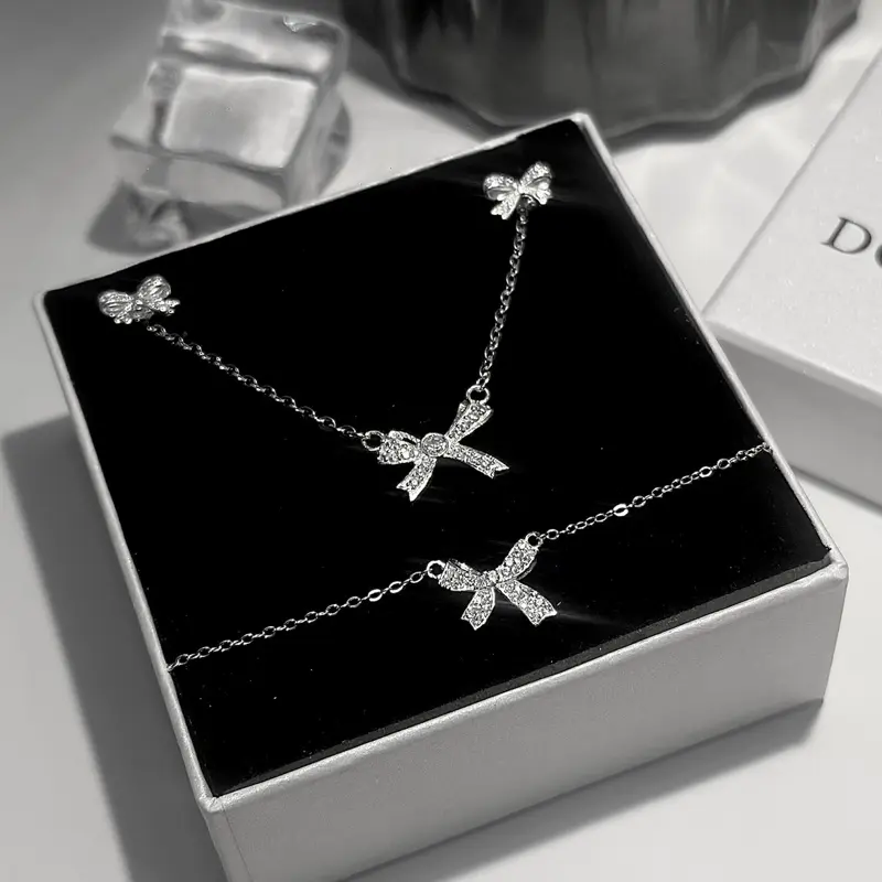 Combo set dây chuyền + lắc tay + hoa tai nơ đính đá bạc Ý S925 - DOLI JEWELRY S04