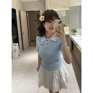 Blue Striped Polo Short Sleeve Summer College Short Casual Pullover Knitted Top 2025