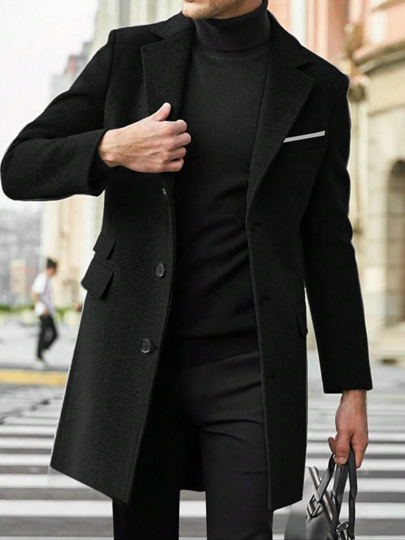 Men's Solid Color Button Front Lapel Neck Flap Detail Overcoat, Regular Fit Casual Fashion Long Sleeve Coat for Daily Outdoor Wear, Men Cloths for Fall & Winter