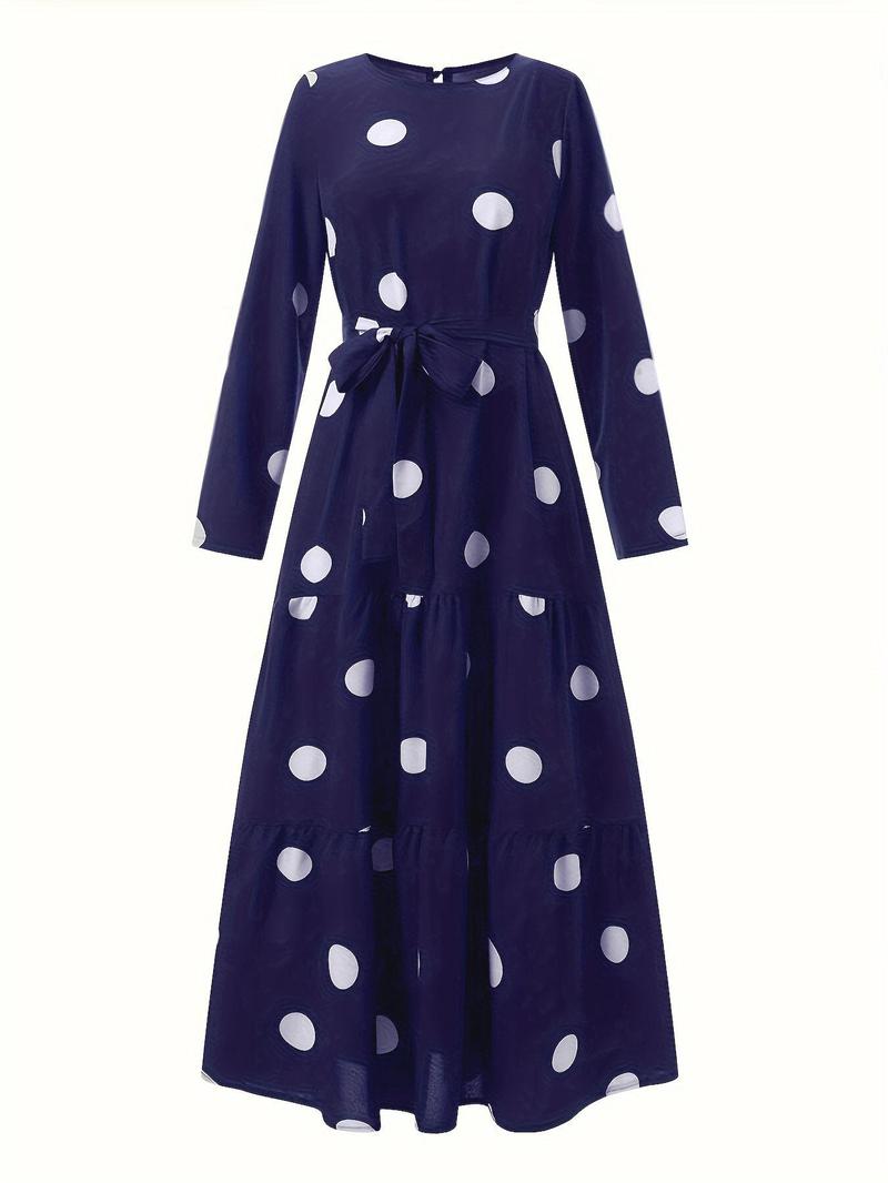 Product Introduction of Women's Polka Dot Print Keyhole Back Ruffle Hem Belted Dress without Hijab, Modesty Casual Long Sleeve Cut Out Round Neck A Line Maxi Dress for Spring & Fall, Ladies Clothes for Daily Vacation Outdoor 13