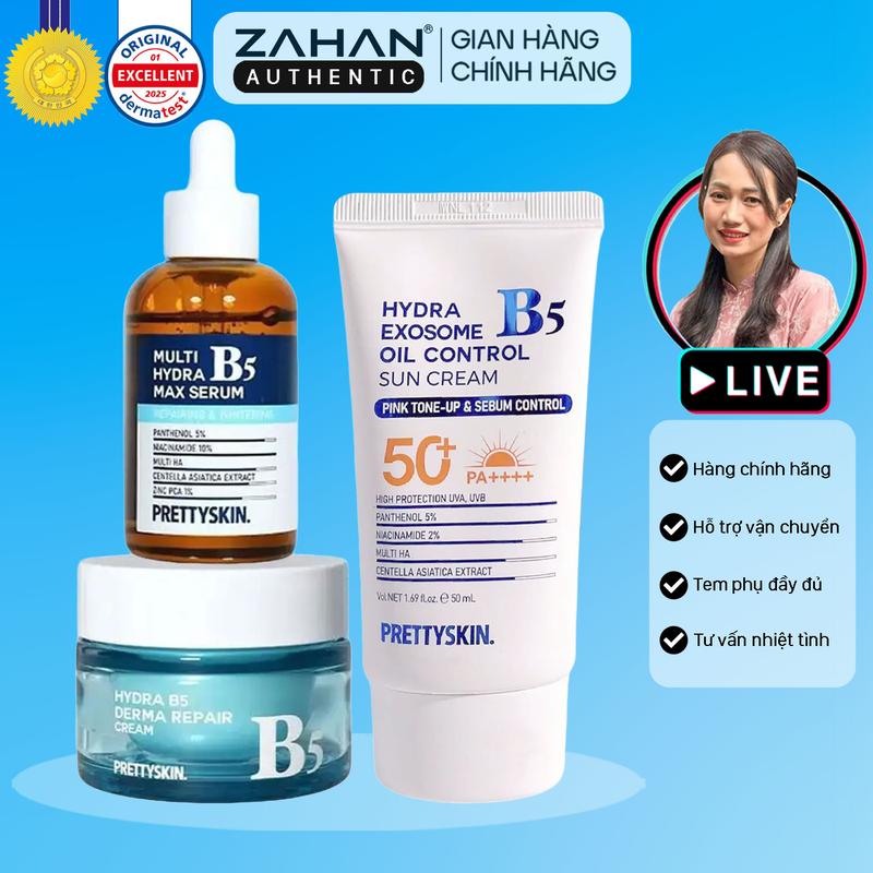 Combo cấp ẩm phục hồi Tinh Chất Hydra B5 Max Serum, Kem dưỡng Hydra B5 Derma Repair Cream, Kem chống nắng B5 Cica Exosome Prettyskin (3 sản phẩm)