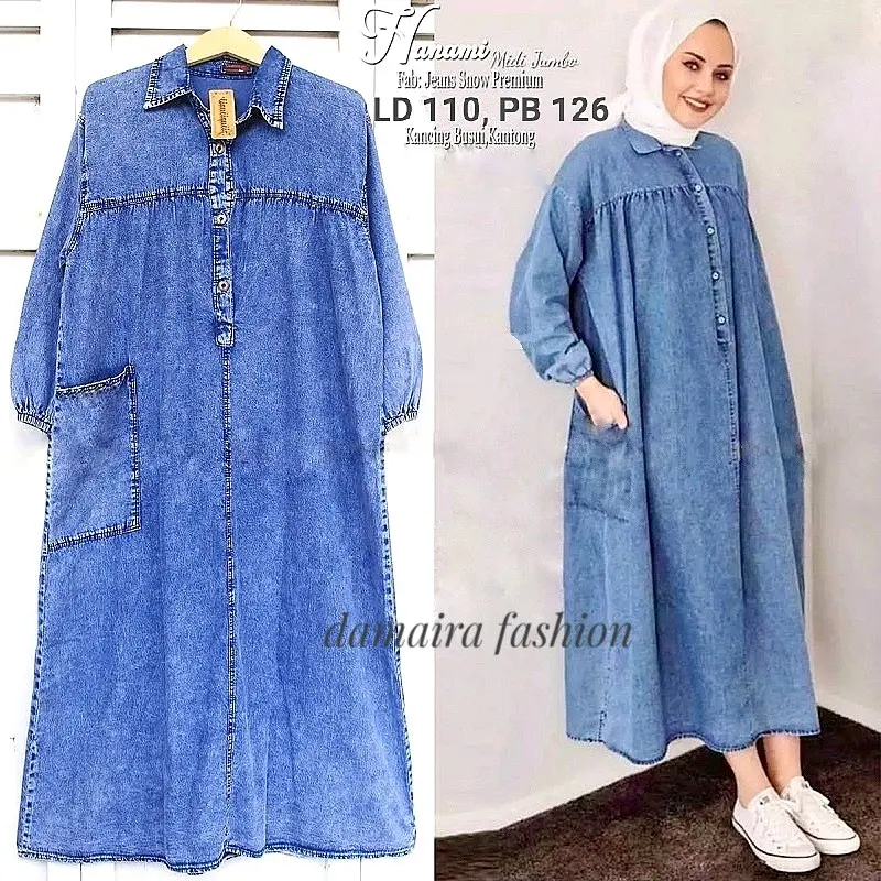 Hanami Midi Dress Jeans Tunik Gamis Jumbo fit to XXL LD 110 LD 120 CM 0