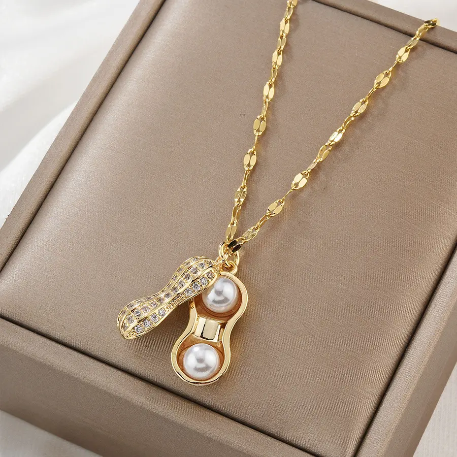 Kalung titanium wanita aksesoris fashion warna gold silver dan rosegold plus liontin kacang dua permata anti karat