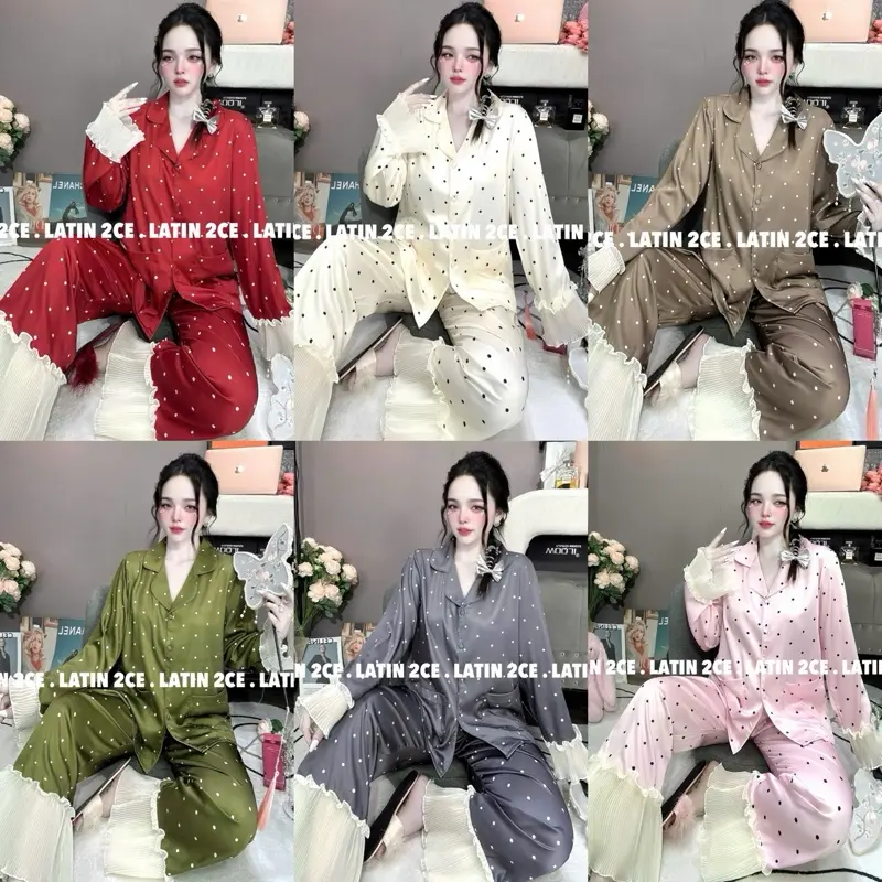 (Fs 45-60kg) Đồ Bộ Tiểu Thư Tay Dập Li, Lụa Latin 2CE Mịn, Pijama Nữ Mặc Nhà -dopijama Nhung Voi Women Nữ Kem Áo Top Thun đồ  ngủ pijama  phối callia  pijama