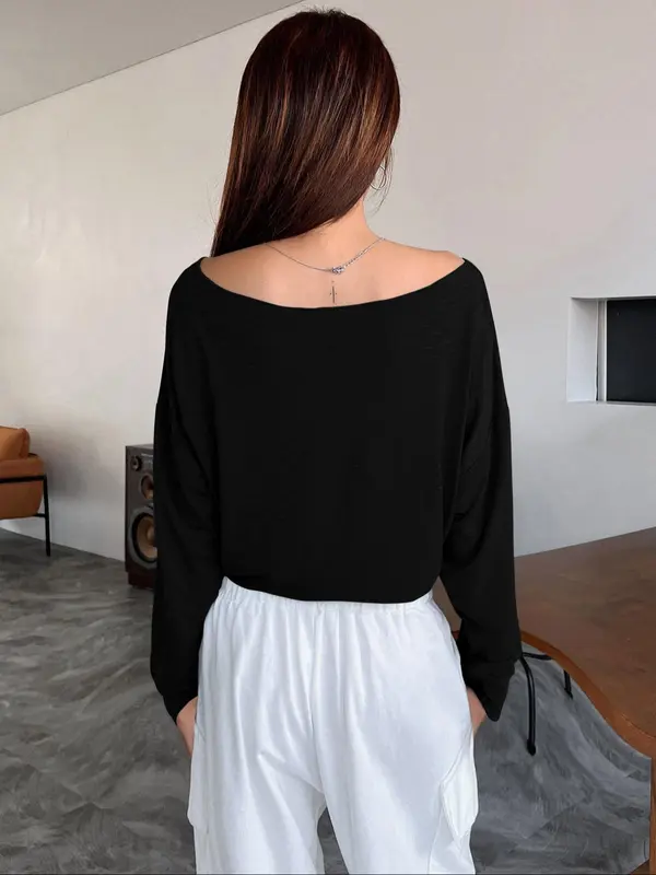 Women's Plain Boat Neck Crop Sweatshirt, Casual Long Sleeve Batwing Sleeve Pullover For Summer, Fashion Women's Clothes For Daily Wear 5