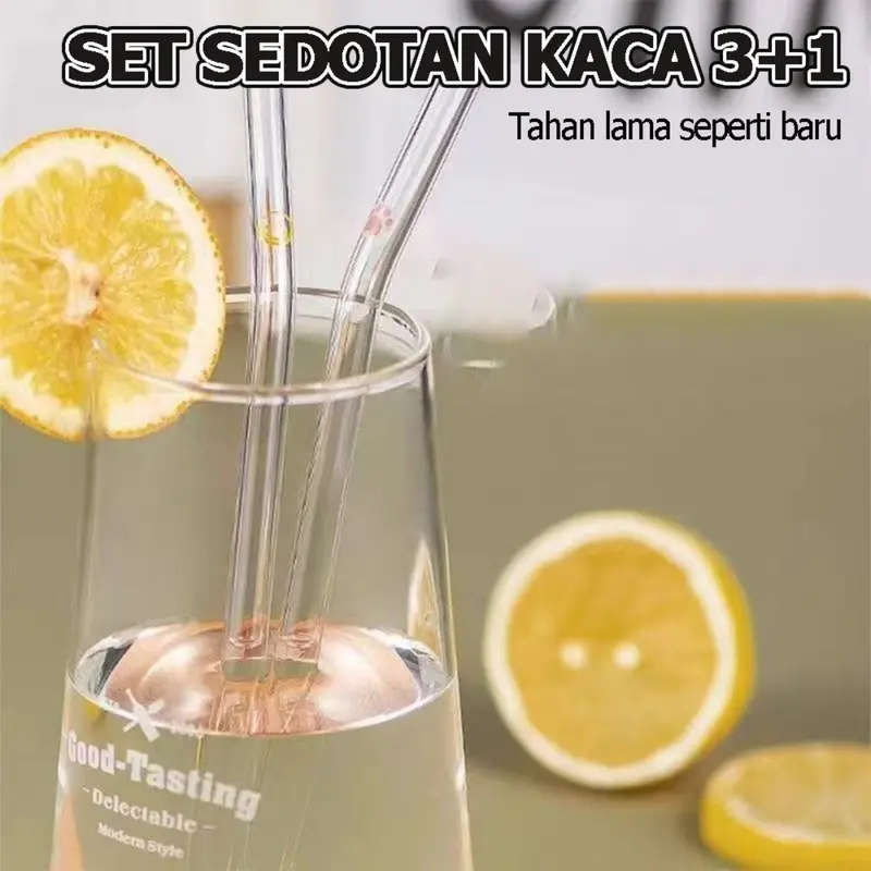 sedotan kaca bening set 4 pcs sedotan gelas transparan glass straw boba sikat sedotan food grade clear lurus bengkok estetik aesthetic eco friendly reusable 4in1 3