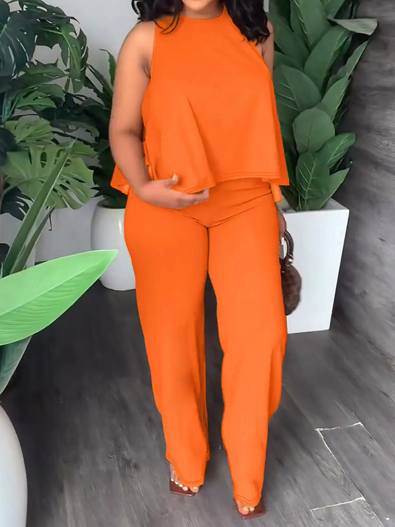 【Plus Size】 Women's Solid Color Tank Top & Pants Two-Piece Set, Casual Fashion Cozy Top & Trousers for Daily Outdoor Wear, Women's Clothing for Spring & Fall