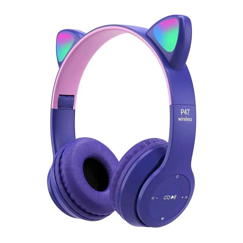 Termurah Headphone Bluetooth P47M RGB LED / Cute Cat Ear Wireless Audio Stereo Super Bass headset bando model kelinci Peredam Kebisingan 5