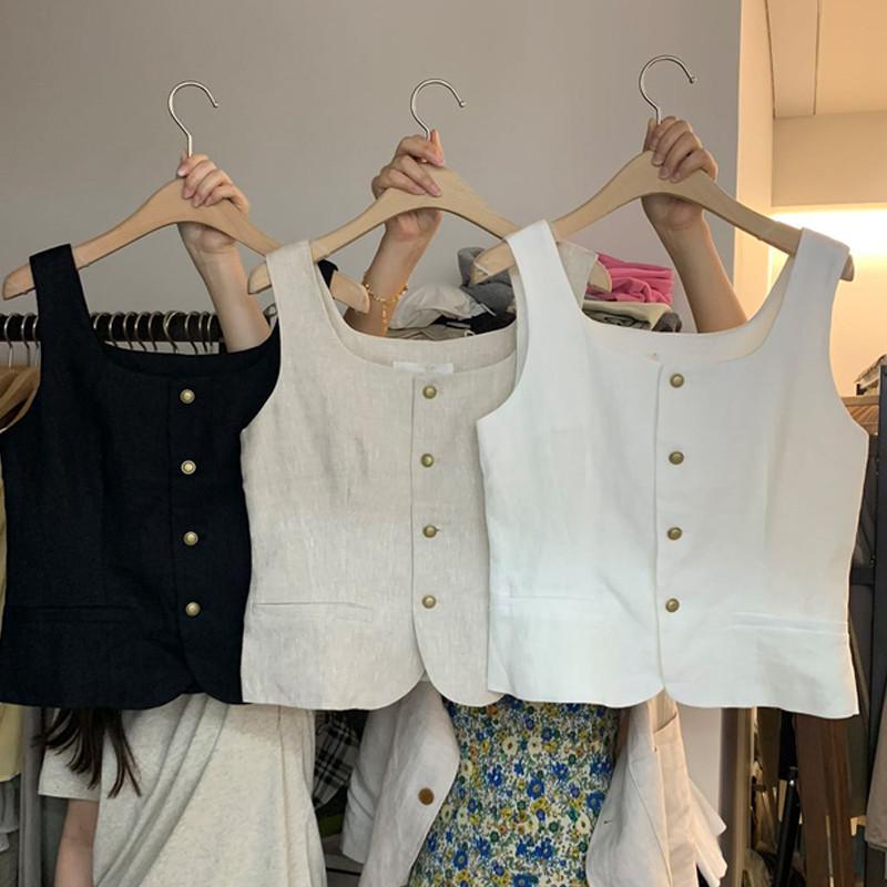 Product Introduction of [In Stock] Women Old Money Style High-gard Square Neck Gold Buttons Sleeveless Jacket Vests 1