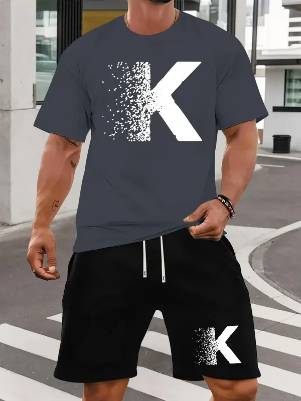 Two-piece Set Men's Letter Print Short Sleeve Tee & Shorts Set, Regular Fit Casual Round Neck T-shirt & Track Shorts, Summer Clothes Set for Men 2