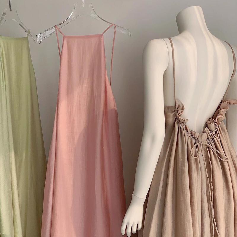 Váy Đầm Yếm Maxi 2 Dây Hở Lưng Có Dây Rút