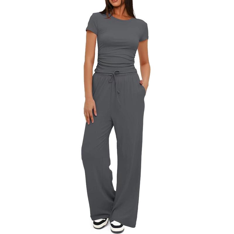 Women's Solid Round Neck Tee & Pants Loungewear Two/Six Piece Set, Casual Comfy Pyjama Set for Women, Comfy Loungewear Set for Daily Home Wear Pajamas Nightwear Womenswear Pjs Homewear Comfort Hip Basic Black Minimalist women's  tracksuits 1