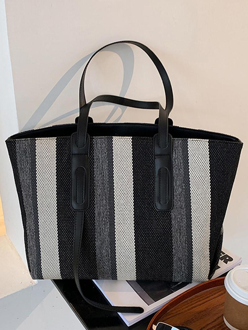 Product Introduction of Women's Fashionable Striped Pattern Tote Bag, Casual Large Capacity Shoulder Bag for Work & School, Durable Multi-functional Daily Commuting Bag 7