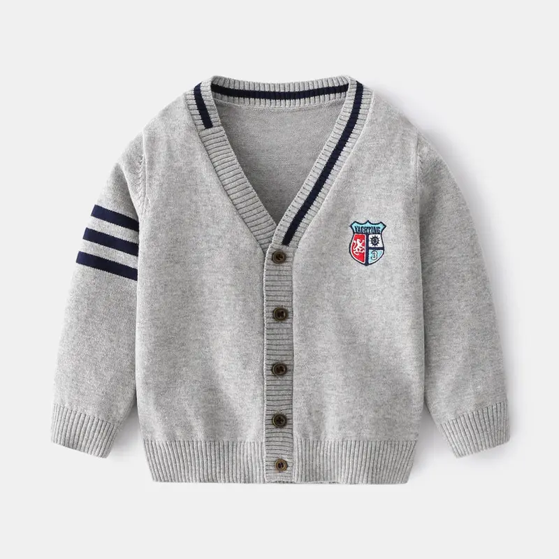 Baju Atasan Cardigan Panjang Kancing Depan Bahan Rajut Fashion Kualitas Anak Cowok Motif Garis-Garis Modish & Stylish Warna Navy Gray Abu-Abu 3