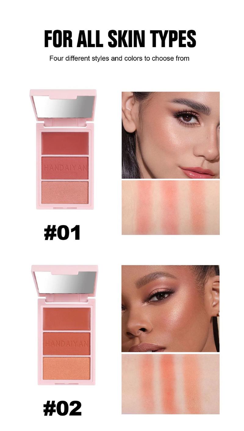 Product Introduction of Palet Trio, HANDAIYAN, Serbuk Pemerah Pipi Warna Pencerah Alamiah, Kemasan Matte, Rendah Tepu, Pemerah Pipi 3D, Solekan Muka Bogel, -Xi3 Blush Makeup 21