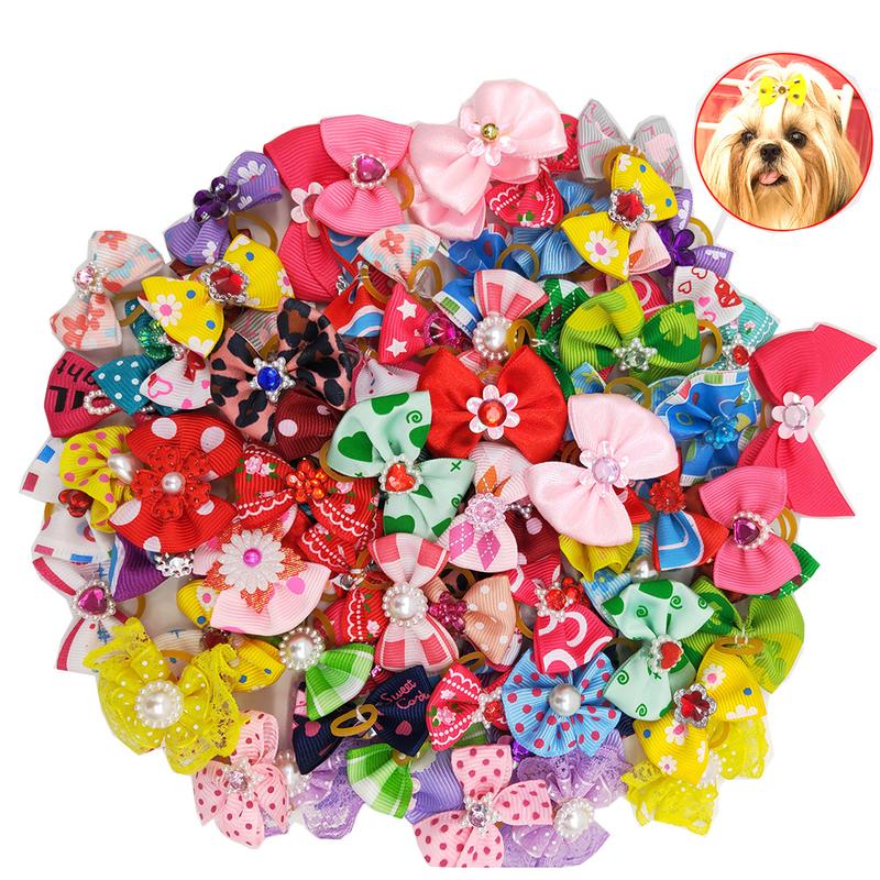 Product Introduction of 50/100 pcs New Pet Pet Dog Cat Hair Bows Rubber Bands Rubber Bands Diamond Dog Accessories Small Dog Pet Supplies Cute 3