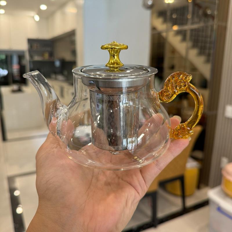 Ấm thuỷ tinh pha trà lọc inox 304 sát đáy tay cầm màu ngọc sang trọng dung tích 400ml