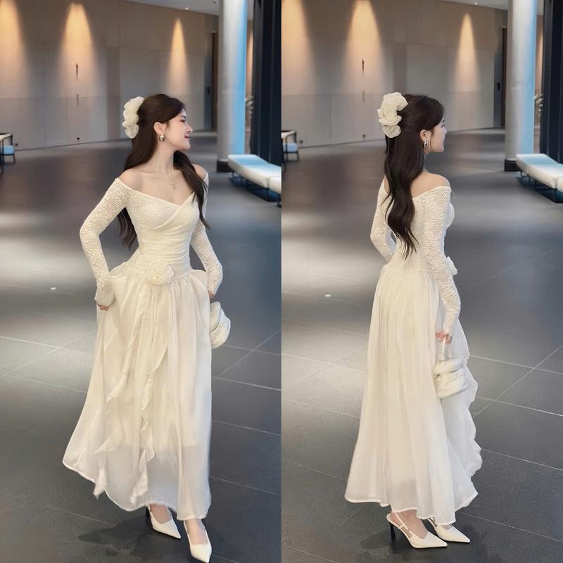 Đầm váy nữ ren phối tơ trễ vai đính hoa dài tay dáng dài xòe sang chảnh xinh xắn cho các nàng đi tiệc đi chơi