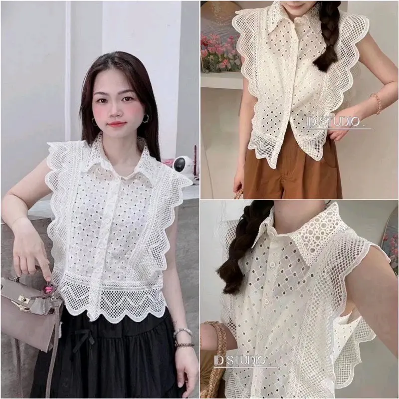 Áo ren thô Áo xô sát nách viền ren gợn sóng thời trang mùa hè đi chơi đi biển siêu xinh Nữ Women Áo ren lổ