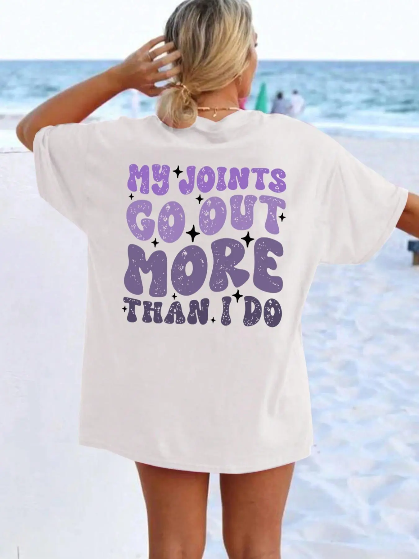 Women's Letter Print Drop Shoulder Tee, Casual Half Sleeve Round Neck T-Shirt for Beach Vacation, Ladies Clothes for All Seasons