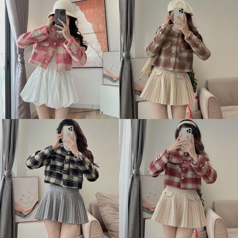 Hàng 2 lớp Áo dạ nữ cổ tròn A.562 Áo khoác dạ croptop kẻ caro 2 lớp tay dài có 2 túi hộp sang chảnh - Shop Chấm Bi