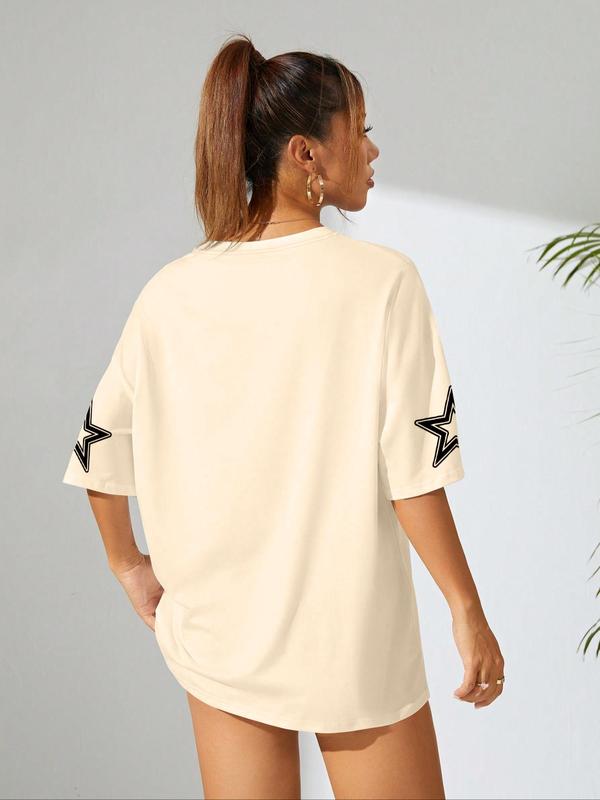 Women's Letter & Figure Print Round Neck Graphic Baby Tees Y2k Tee, Casual Streetwear Star Print Half Sleeve Oversized T Shirt for Summer, T Shirts for Women, Graphic Tee, Summer Clothes, Clothing 8