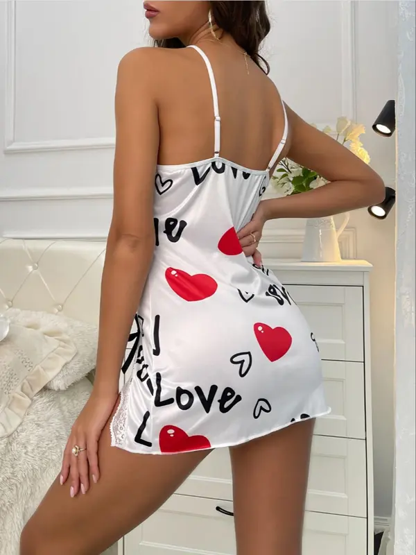 Women's Heart & Letter Print Bowknot Decor Contrast Lace Silky Cami Nightdress, Naughty Lingerie, Adjustable Spaghetti Strap Split Hem Nightgown, Soft Comfortable Sleepwear Lingerie for Women, Pyjamas for Women 7