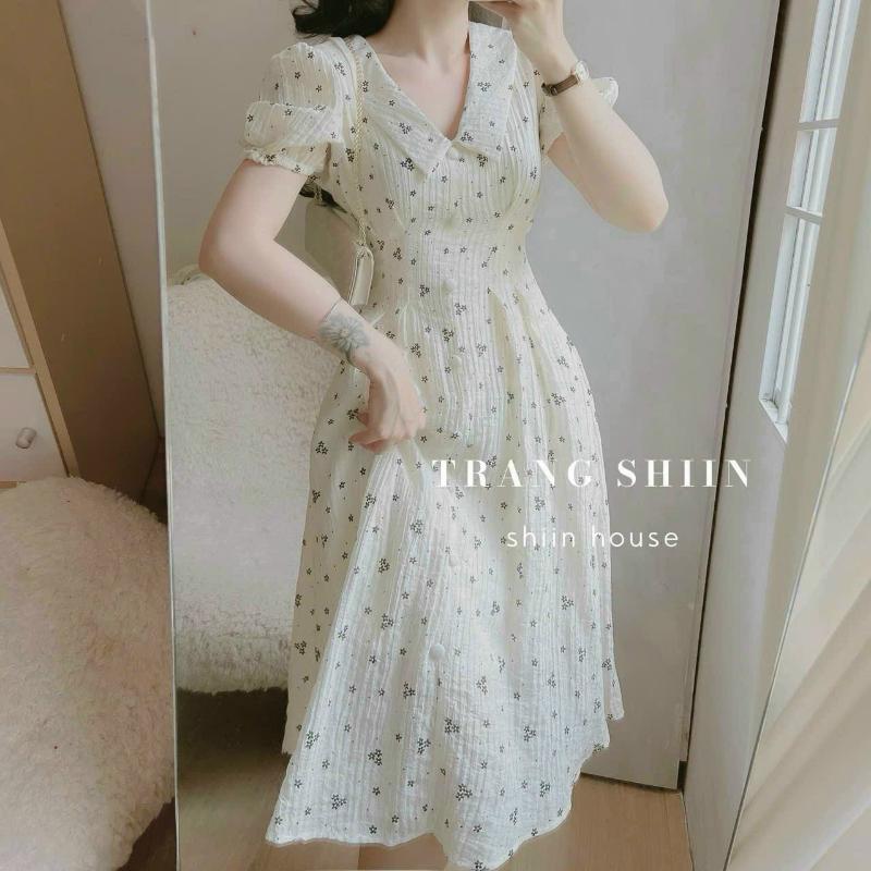 DOAN VAN DUY Bán chạy Đầm Mùa Hè chất xốp có lót có túi xinh xĩu tiểu thư vintage Nữ Women Dress Màu Trắng 1