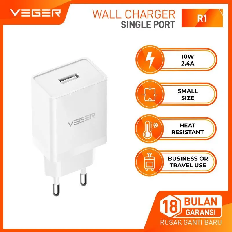 VEGER Wall Charger R1 Single Port USB Output 2.4A 0
