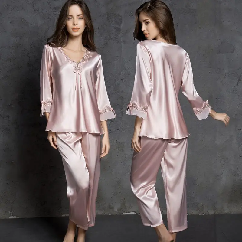 Plus Size Women'S Ice Silk Nightdress Two-Piece Set Summer Lace V-Neck Sexy Pajamas Long Sleeve Lady Elegant Smooth Nightwear Loungewear