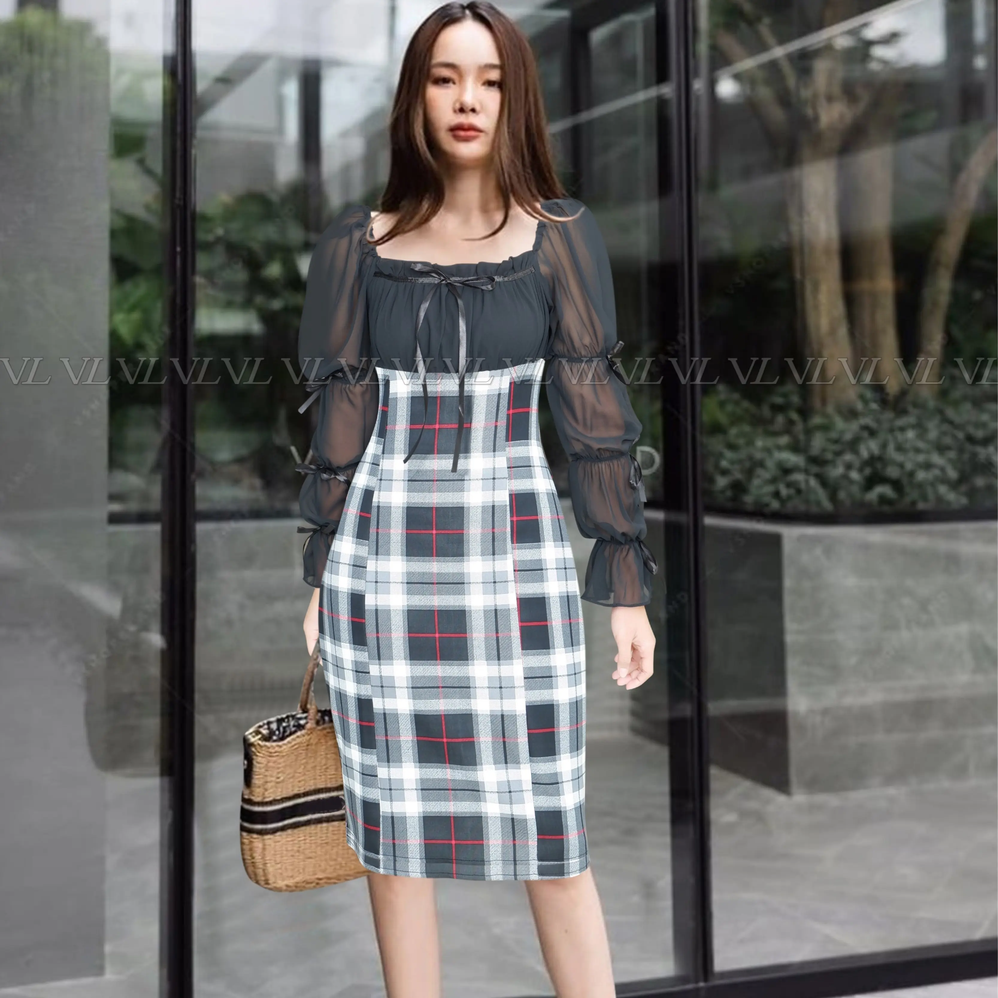 Dress Wanita Motif Kotak Kasual Formal Terbaru Model Sabrina Lengan Panjang Lonceng Kombinasi Pita Hitam Bahan Chiffon Dengan Scuba Kualitas Import Casual Tebal Span Midi
