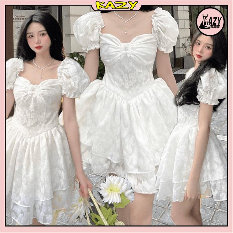 Váy dự tiệc dáng xòe siêu xinh hai tầng tiểu thư, Đầm công chúa ren hoa tay bồng KAZY DRESS V045 váy Nữ Trắng Women