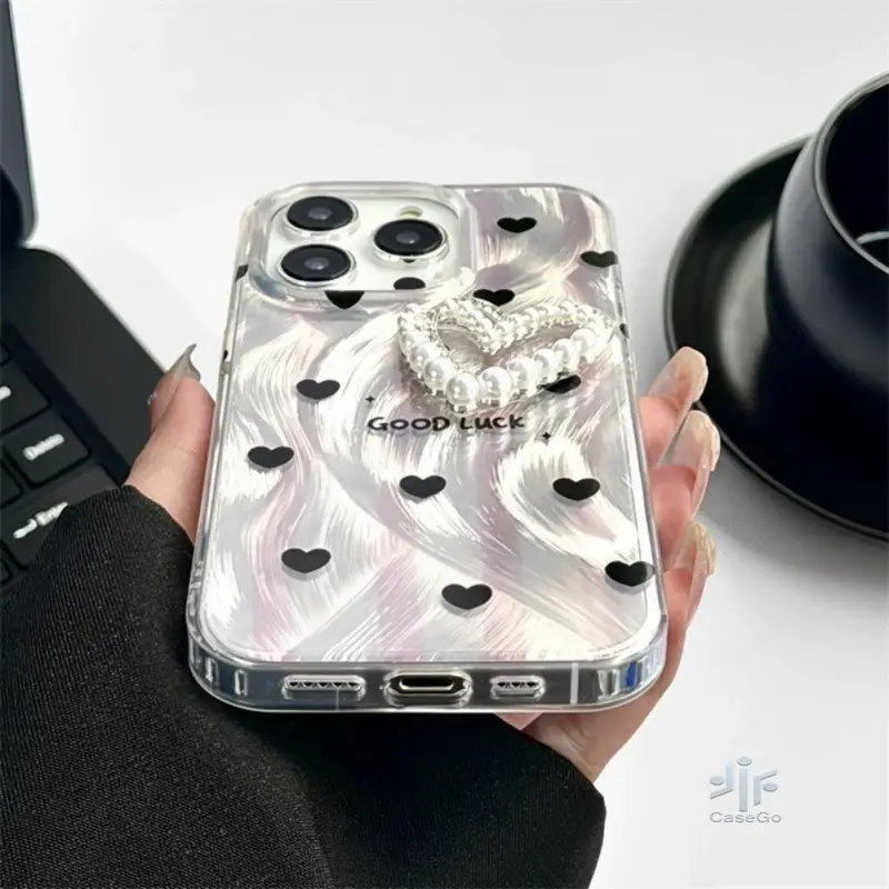CASEGO Case hp OPPO A3X A60 A18 A38 A78 A58 A57 2022 Casing hp OPPO A17 A79 A17k A16 A16K A16E A15 A15S A54S A3S A5S A12 F9 A31 A52 A53 Reno 8T Lanyard Kesing Luxury Pearl Love Heart Bracket Shining Feather Hard Case 4