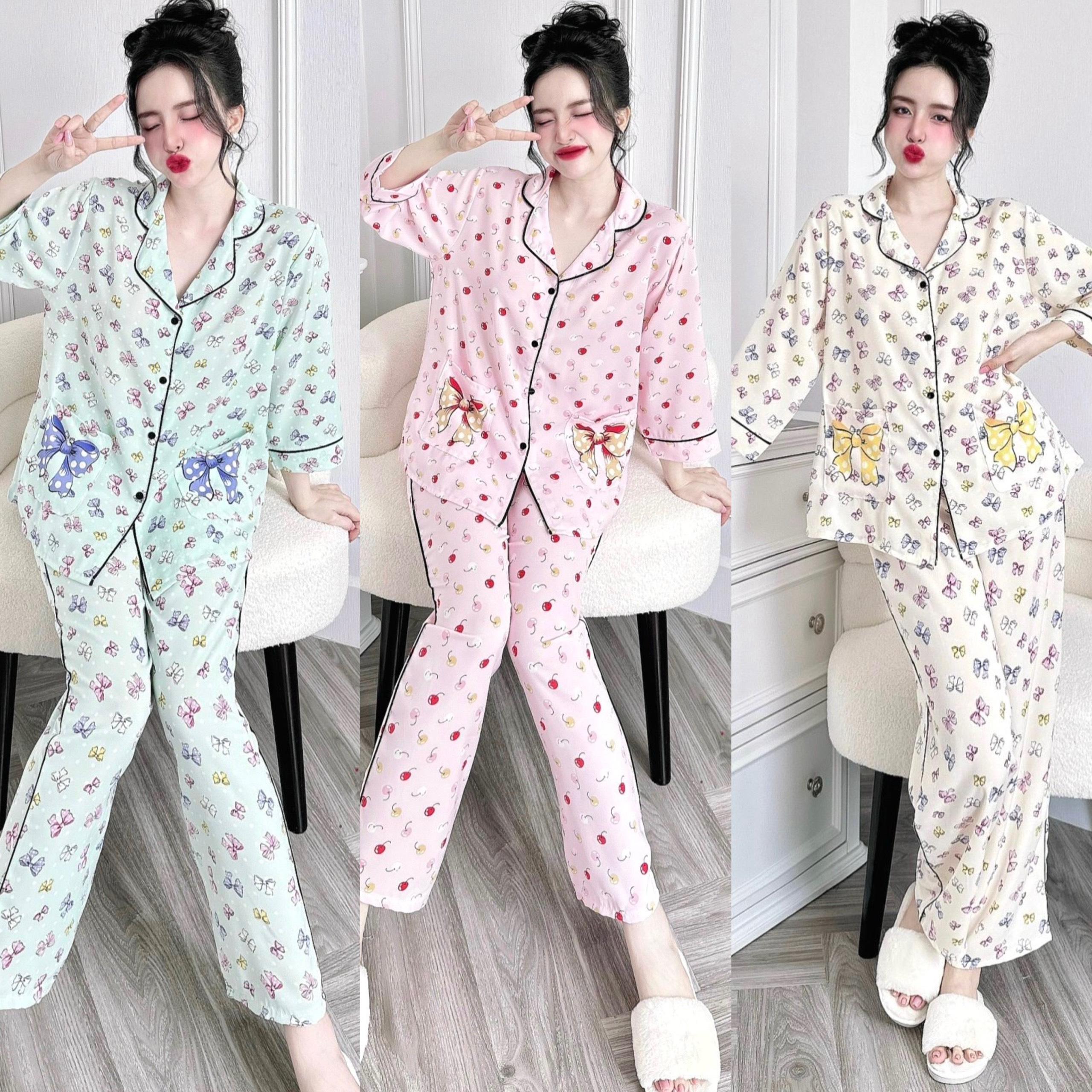 Đồ Bộ - Đồ Ngủ Tay Ngắn Quần Dài Vải Lụa Măng Gồ Pijama Bigsize 50-100kg Nữ Nhung Women Quần Ngủ Nho - A.5403