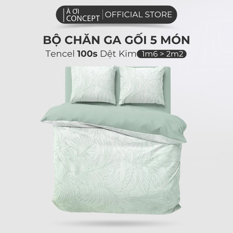 Bộ Chăn Ga Gối 5 Món AOICONCEPT Lụa Tencel 100S Phối Dệt Kim dệt phẳng Hoạ Tiết Cao Cấp Hàn Quốc Size 1m6 đến 2m2 - bộ chăn ga gối đệm gồm Ga Giường Bo Chun, Vỏ Mền, 2 Vỏ Gối Nằm & 1 Vỏ Gối Ôm