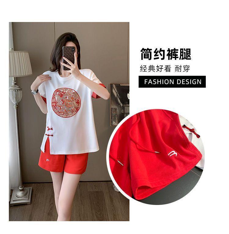 Product Introduction of New Chinese Casual Graceful Fashionable Set Women's Summer Short Sleeve Shorts Red Chinese Style Sports Popular Two-Piece Set 6